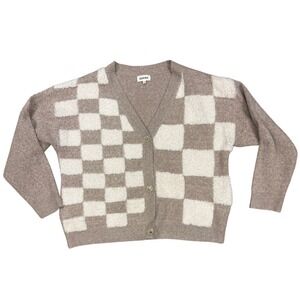 ADORA Checkerboard Fuzzy Knit Cardigan Sweater Beige Cream Women's Size L